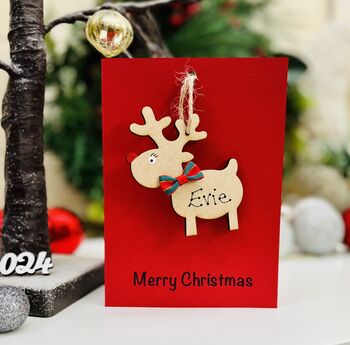 Personalised Reindeer Bauble Christmas Card Wooden, 3 of 9