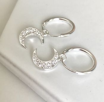 Sterling Silver Crystal Moon Hoop Earrings, 2 of 2
