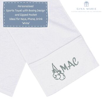 Personalised Embroidered Gym Towel With Zipped Pocket And Boxing Gloves Design, 3 of 4