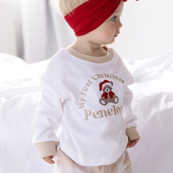 My First Christmas Embroidered Personalised Bear Checked Pyjamas, 4 of 5