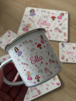 Kids Personalised Fairy And Unicorn Placemat, Coaster And Mug Dinner Set, 4 of 10