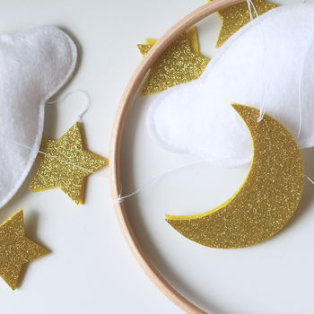 Cloud Star And Moon Baby Mobile White And Gold, 3 of 3