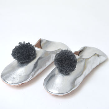 Metallic Babouche Slippers With Chunky Pompom, 2 of 4