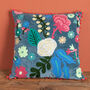 Smoke Blue Floral Embroidered Cotton Velvet Cushion, thumbnail 1 of 7