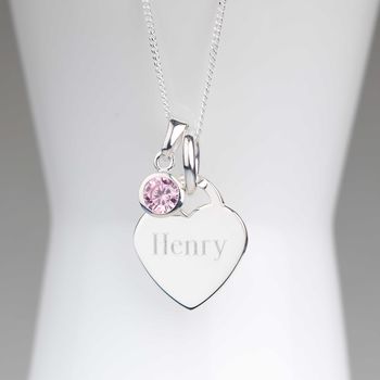 Engraved Silver Heart Necklace With Birthstone, 3 of 6