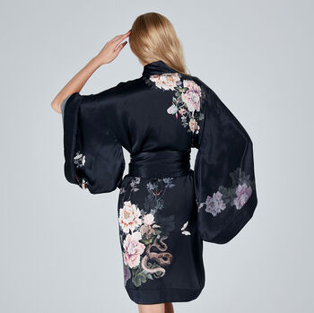 Silk Kimono Dressing Gown Fleur Japonaise Midnight Blue, 4 of 10