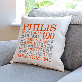 Personalised 100th Birthday Word Art Cushion, 7 of 9