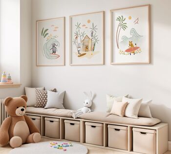 Surfing Animals Beach Nursery Print – Coastal Kids Wall Art, Tropical Animal Illustration, 2 of 5