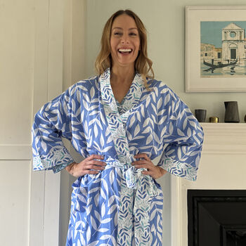 Full Length Cotton Kimono In China Blue Leaf Pattern, 3 of 4