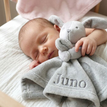 Personalised Grey Bobble Blanket And Grey Bunny Comforter Set, 2 of 8