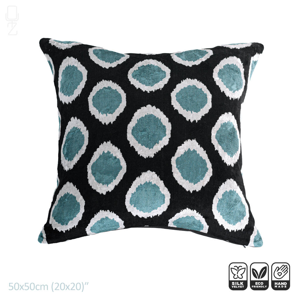 Silk Ikat Velvet Cushion Cover Teal Blue Dots 50x50cm By