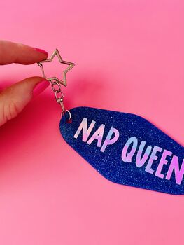 The 'Nap Queen' Sparkly Motel Keyring / Funny Gift For Her / Sleep Lover Accessories / Cute Statement Keyring, 7 of 7