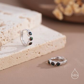 Sterling Silver Dainty Black Opal Huggie Hoops, 2 of 11