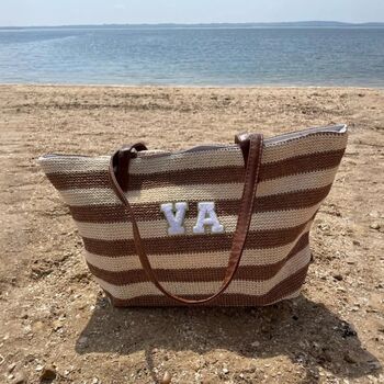Personalised Beige Brown Stripe Tote Beach Bag, 5 of 6
