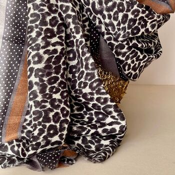 Leopard Print Border Scarf In Grey And Brown, 2 of 2