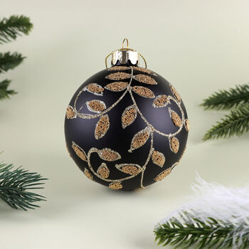G Decor Black And Gold Leaf Luxury Glass Christmas Bauble Hand Decorated Festive Ornament, 3 of 3