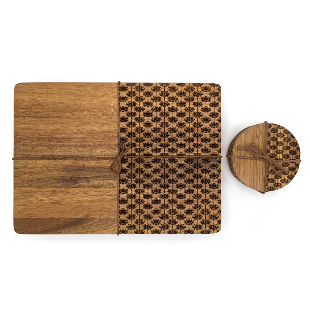 Lotus Rectangle Wood Placemats With Wood Coasters By NIHAL SHAH