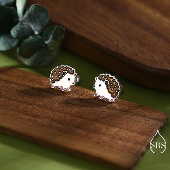 Sterling Silver Enamel Hedgehog Stud Earrings, 3 of 11