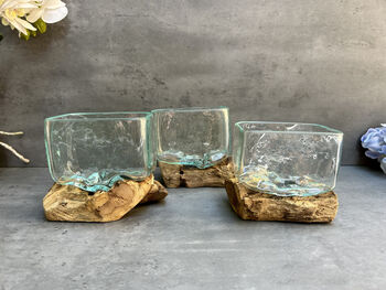 10cm Molten Glass Square Bowl On Teak Root Base, 2 of 12