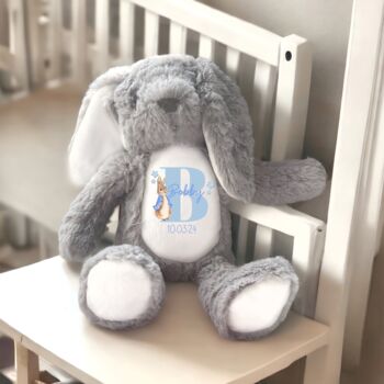 Personalised Initial Baby Birth Boy Bunny Cushion, 2 of 4