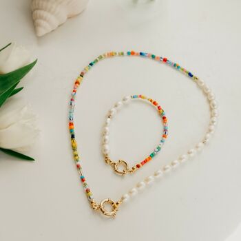 Tar 90s Style Pearl Bead Coloured Necklace Bracelet Set, 2 of 6