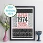 Personalised 50th Birthday Print Year Facts 1974 Gift, thumbnail 1 of 11
