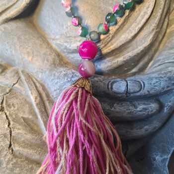 Pink And Green Crystal Mala Beads Necklace With Tassel, 2 of 7