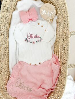 Personalised Embroidered Ruffle Frill New Baby Name Knitted Blanket, 2 of 8