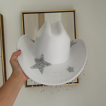 Bride To Be Pearl And Diamante Embellished Cowboy Hat With Fringe, 2 of 3