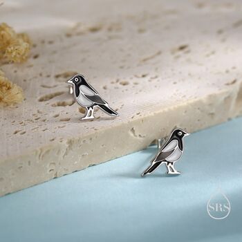Sterling Silver Very Small Sterling Silver Magpie Bird Stud Earrings, 2 of 11