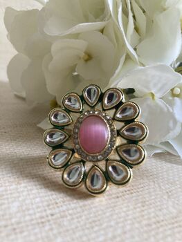 Indian Pink Gold Plated Kundan Adjustable Ring, 3 of 4