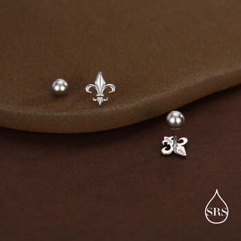 Sterling Silver Fleur De Lis 18 G Screw Back Earrings With Ball Backs, 5 of 11