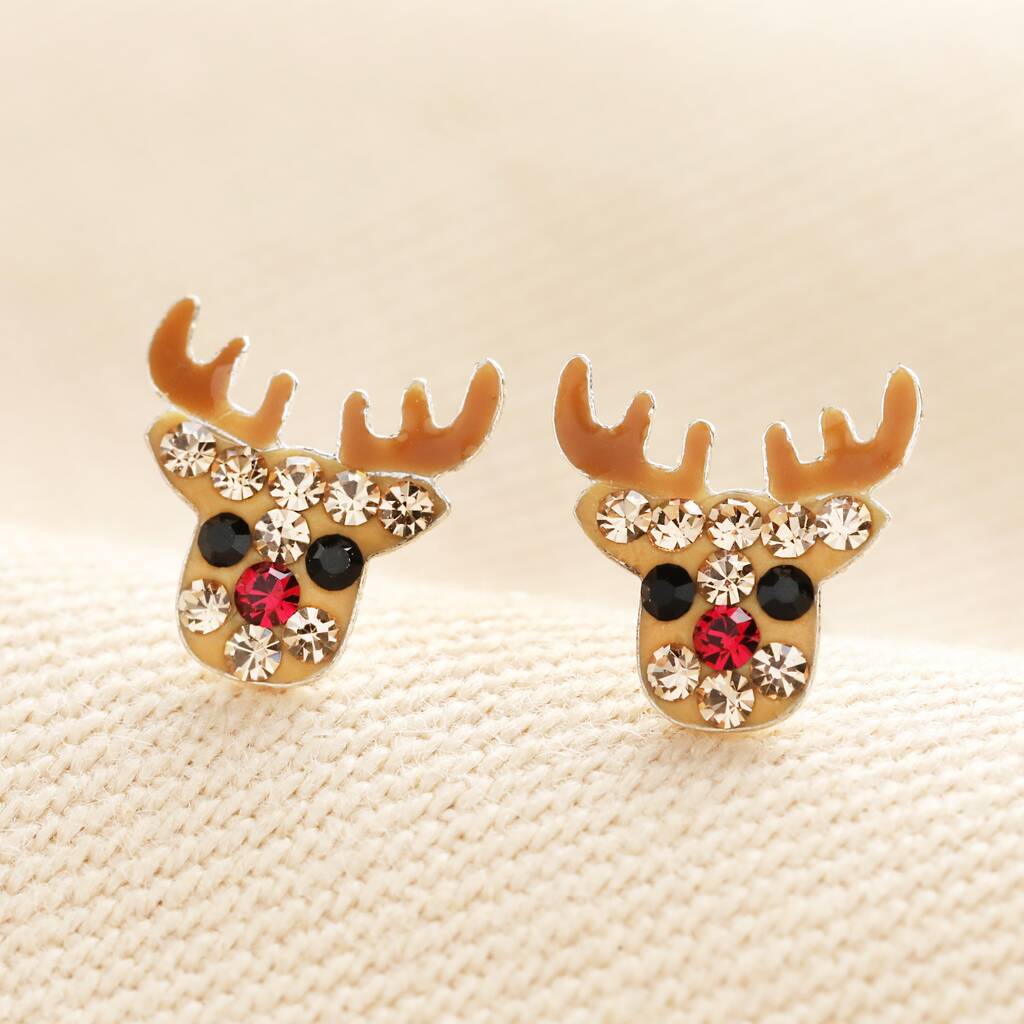 Sterling Silver Crystal Festive Reindeer Stud Earrings