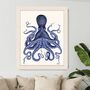 Blue Octopus Print, Nautical Art Print, thumbnail 1 of 8
