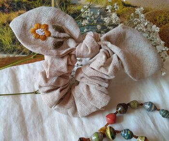 Bunny Bow Linen Scrunchies With Hand Embroidered Flower, 4 of 10