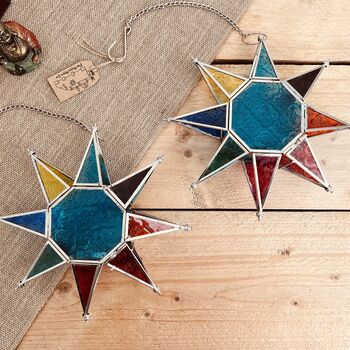 Hanging Moroccan Star Tea Light Candle Holder In Blue, 2 of 9