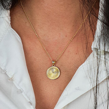 Gold Plated Round Coin Medallion Sun Charm Necklace, 2 of 5