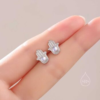 Sterling Silver Moonstone Hamsa Hand Stud Earrings, 5 of 10