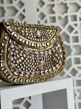 Shiraz Mini Kundan Pink And Gold Clutch, 9 of 9