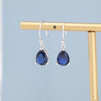 Sterling Silver Sapphire Blue Pear Cut Cz Drop Earrings, 3 of 12