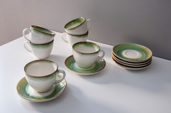 Green Set Of Six Handmade Porcelain Tea Cup With Saucer, 7 of 12
