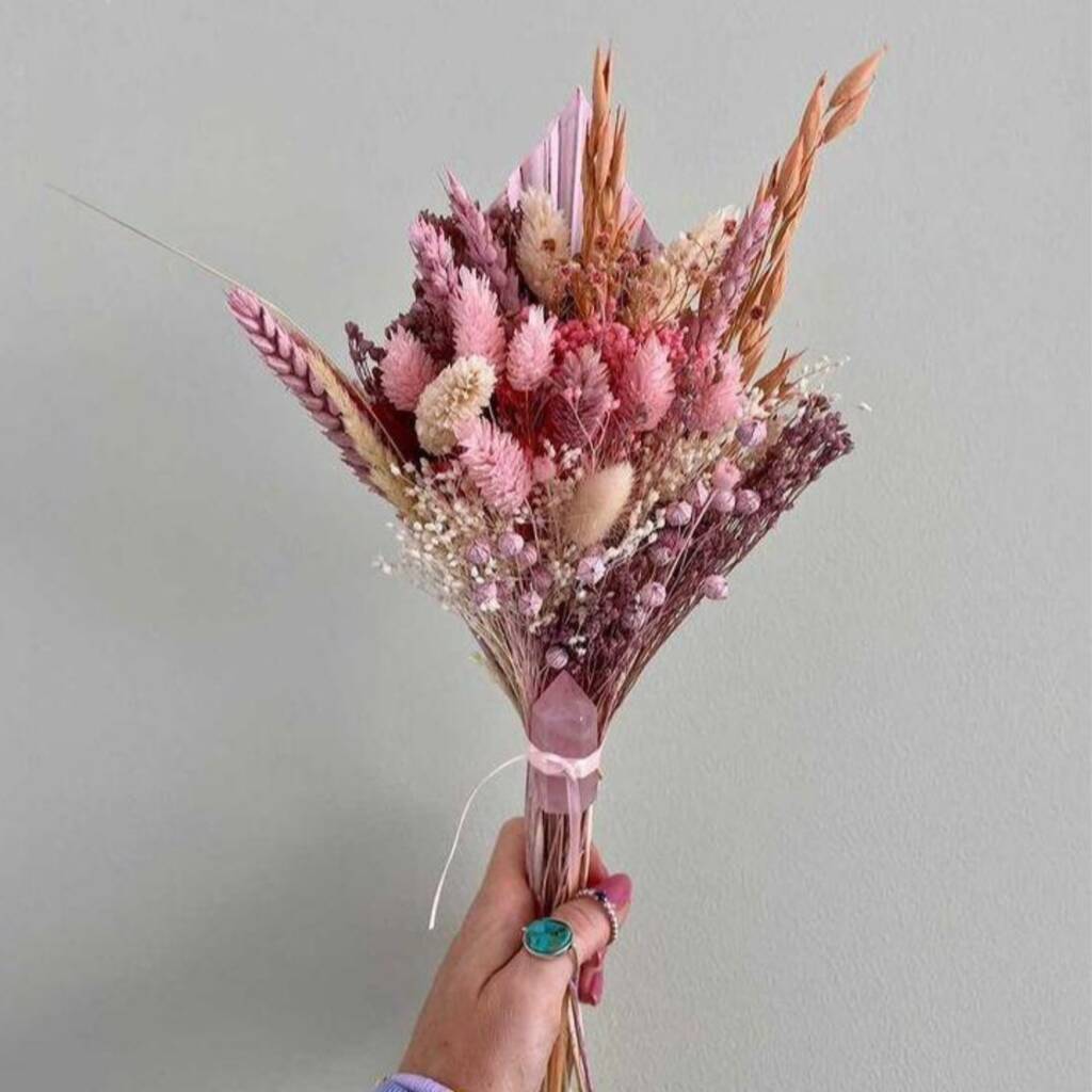 Rose Quartz Crystal Dried Flower Mini Bouquet By Two Libras 