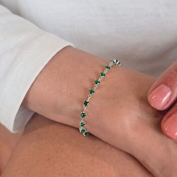 Emerald May Birthstone Heart Tennis Silver Bracelet, 2 of 4