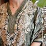 Bohemian Floral Border Viscose Kaftan In Green With Heavy Cream Fishbone Embroidery, thumbnail 2 of 4