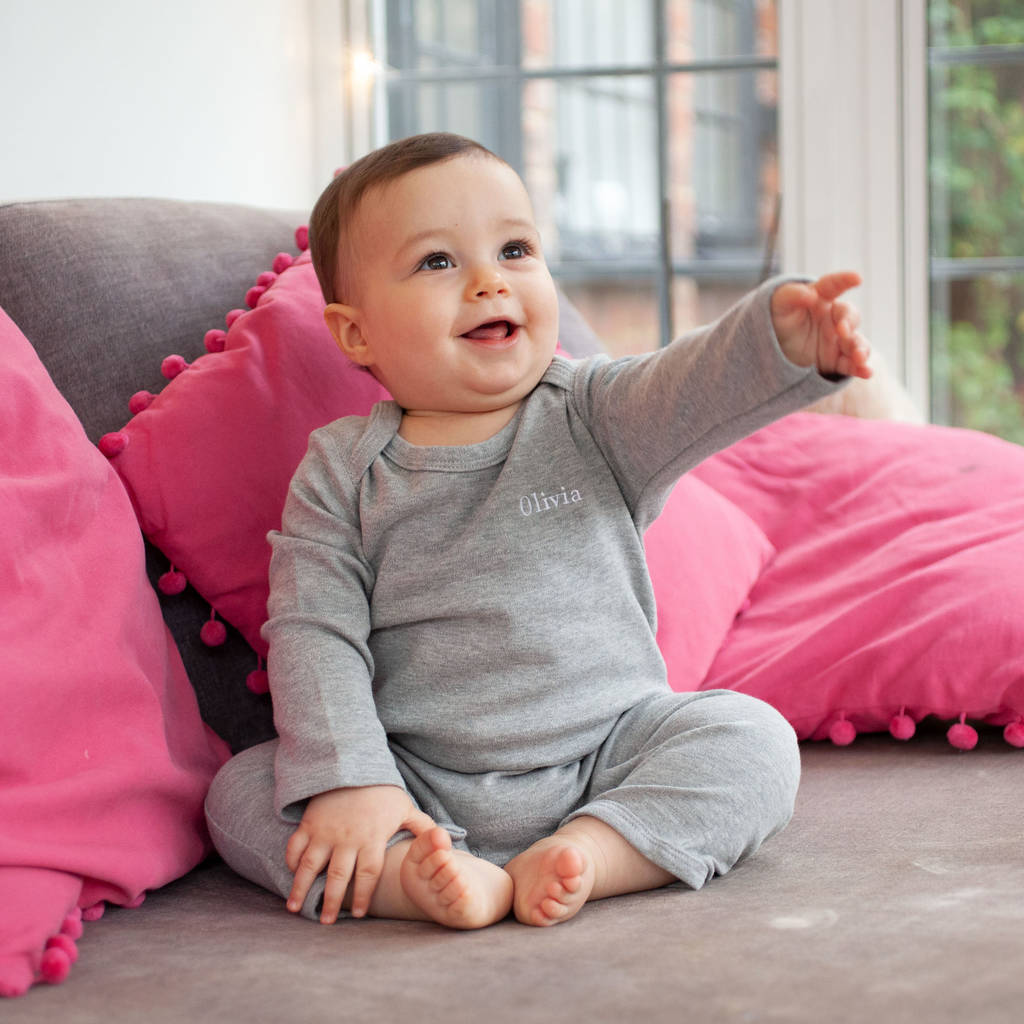 Personalised Embroidered Baby Grow In White Or Grey By Percy and Nell