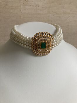 Green Beaded Pearl Gold Plated Indian Choker Set, 3 of 7