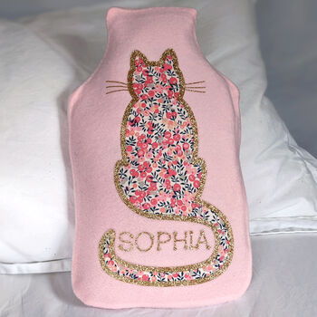 Cat Pink Personalised Hot Water Bottle Cover, 2 of 3