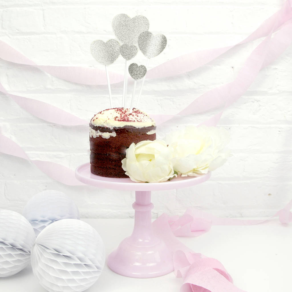 Silver Glitter Heart Cake Topper Set By Peach Blossom