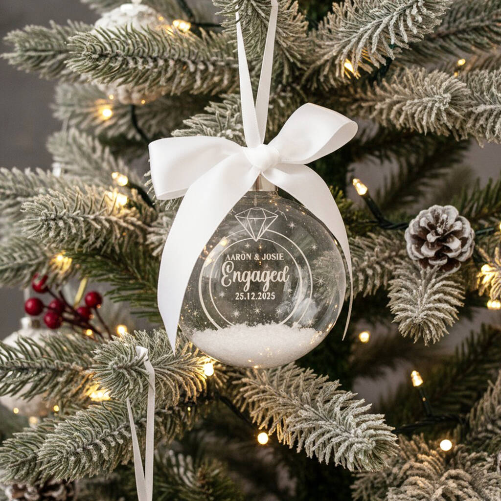 Round Glass Engagement Christmas Snow Filled Tree Bauble Decoration, 1 of 6