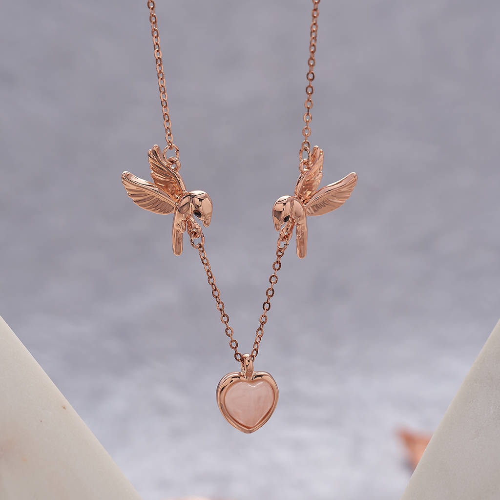 rose quartz love birds necklace by my posh shop